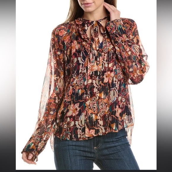 A.L.C. Frida Silk Top Semi Sheer Blouse Size 12 Port Wine Multi Billowy Flowy - Picture 1 of 12